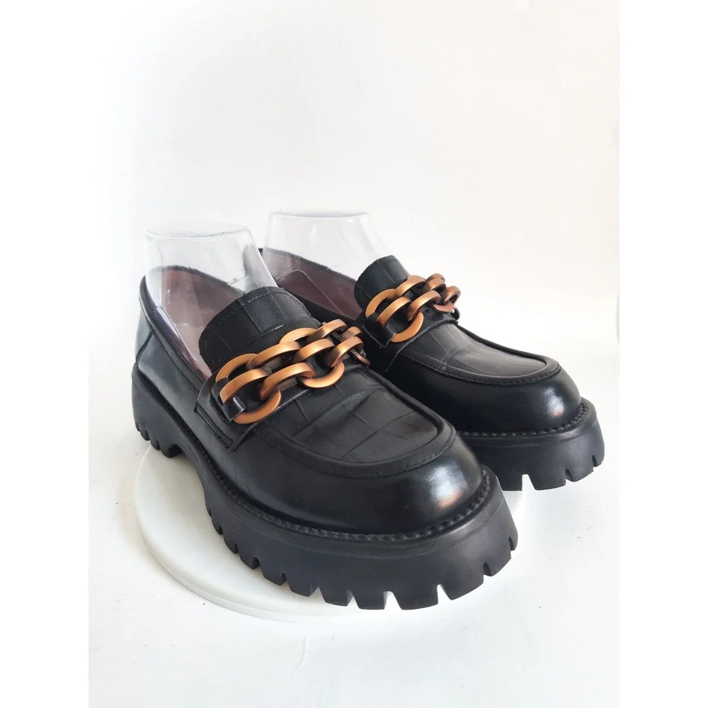 Beau Today Platform Loafers 6.5 Black Leather Chain Lug Sole Dark Academia Goth